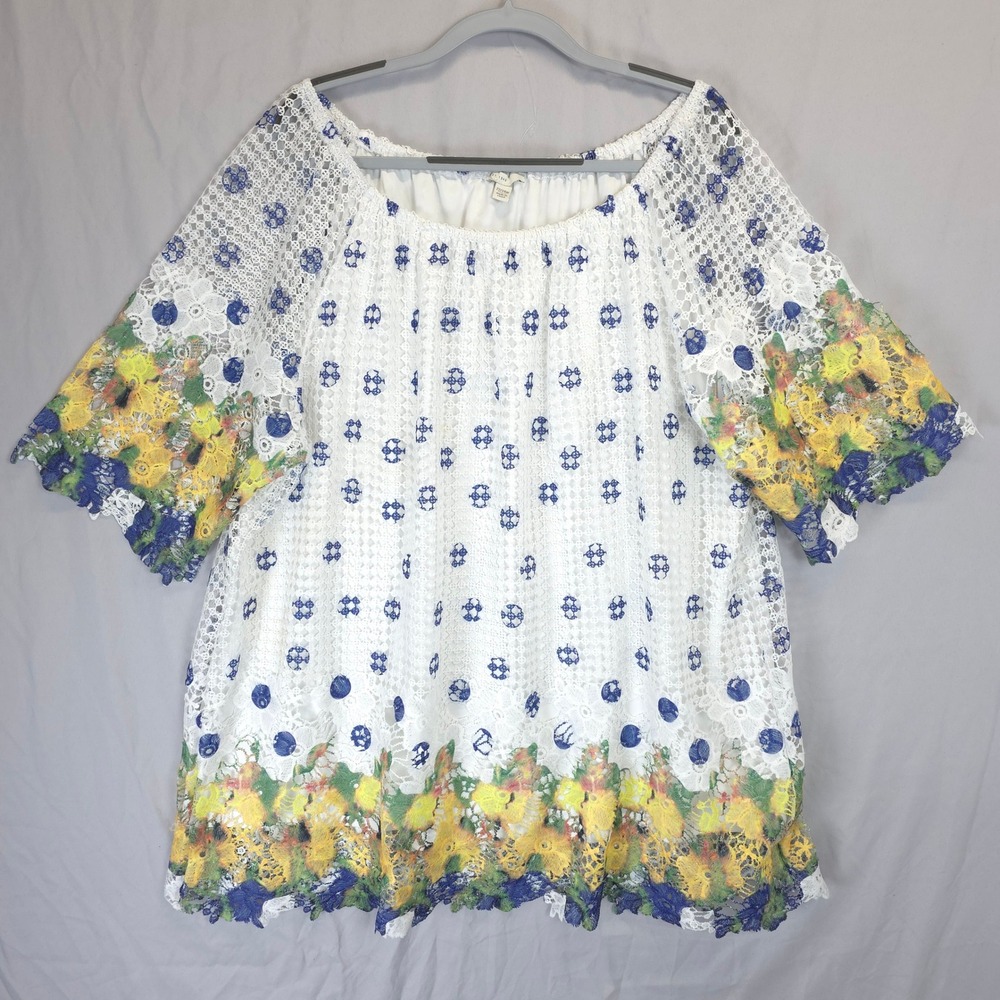 EST. 1946 White Yellow Floral Lace Tunic Top Women 22/24 Boho Coastal Resort